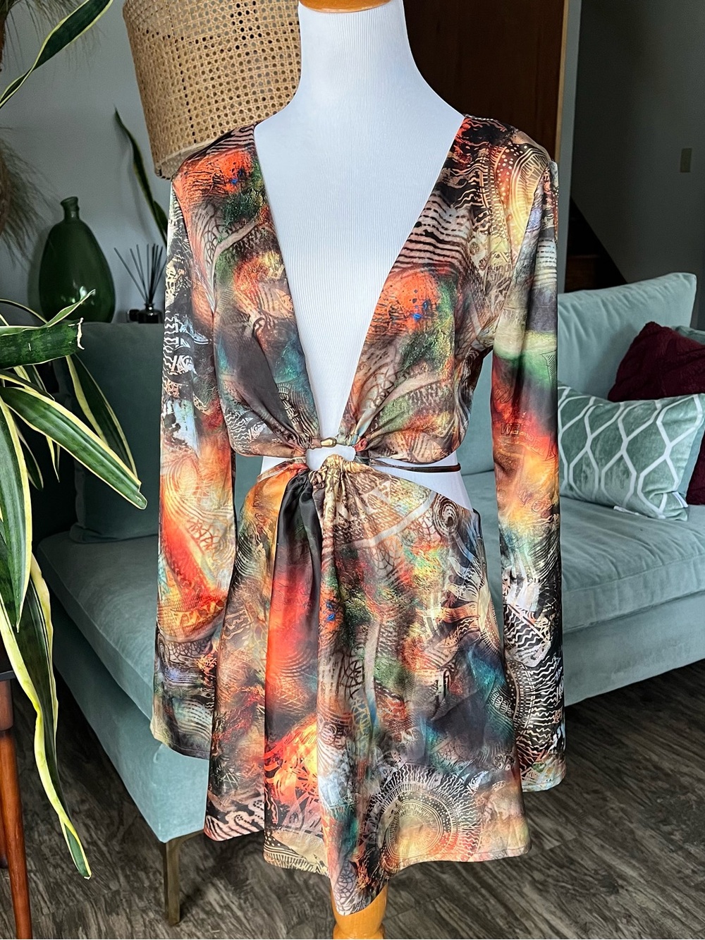 Jaded London Tie-Front Multicolor Abstract Print Mini Dress